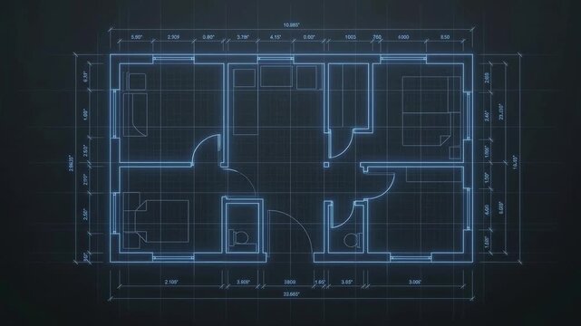 Blue digital blueprint of house architectural floor plan construction design animation