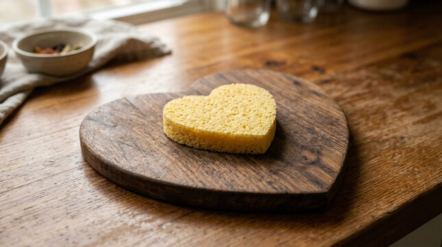 Heart shaped sponge on a wooden cutting board kitchen preparation for cleaning or crafting