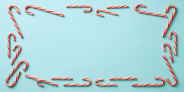 Candy canes arranged in a rectangle frame on mint green