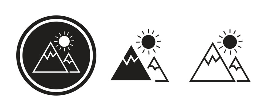 Mountain and Sun Icon Set with Line, Glyph, and Badge Style Vector