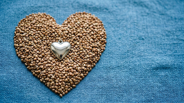 Heart shaped buckwheat with silver charm on blue textured fabric love symbol healthy food concept