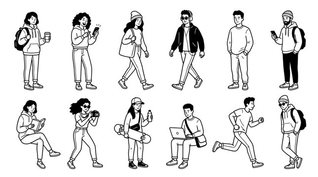 Minimalist line art people set, 12 hand drawn urban character vector illustrations, black and white diverse people figures for architectural rendering