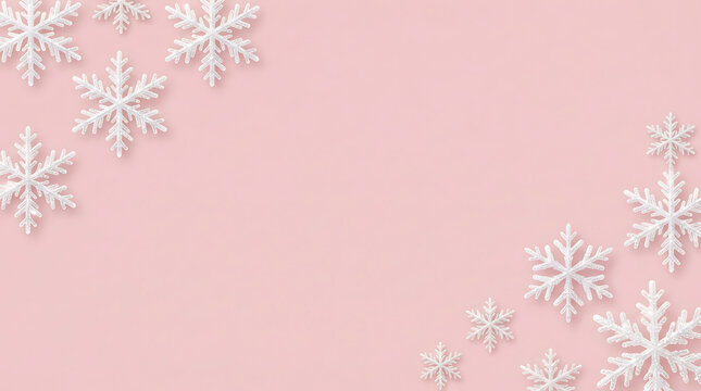 White glittery snowflakes arranged on a soft pastel pink background