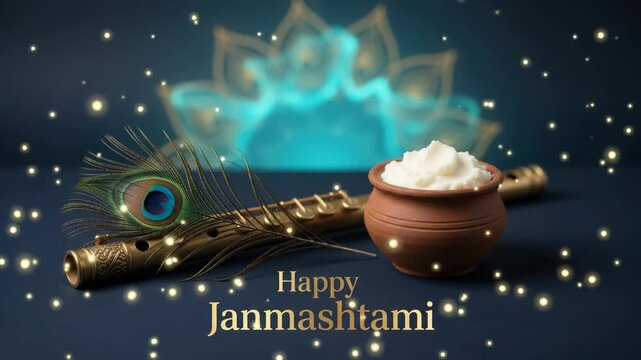 Flute with peacock feather beside traditional clay pot full of fresh butter, celebrating hindu festival janmashtami against dark blue background adorned with glowing bokeh light.