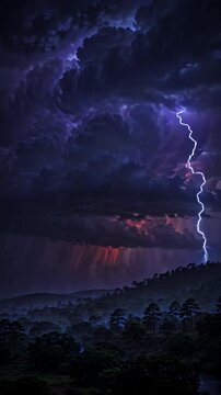 Slow pan across a dramatic lightning storm illuminating the night sky with jagged bolts of electricity, clouds swirling with intensity over a darkened landscape below