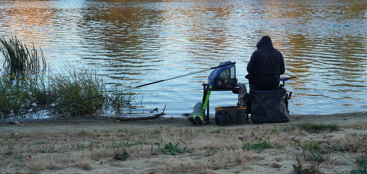 Fisherman in warm hoodie sitting on angler platform with rod and keepnet fishing on autumn river at sunset. Seasonal fall angling with modern equipment, evening water reflections and reeds.
