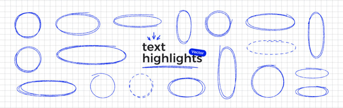 Hand drawn blue pen ovals and circle frames set. Scribble doodle set on notebook paper. Round bubbles to highlight text. Ellipses in crayon texture. Thin rough line. Vector illustration