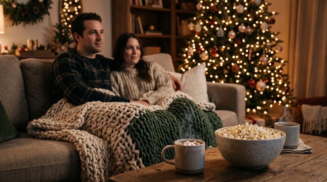Cozy couple watching movie on couch with popcorn and hot chocolate near illuminated Christmas tree during winter holidays