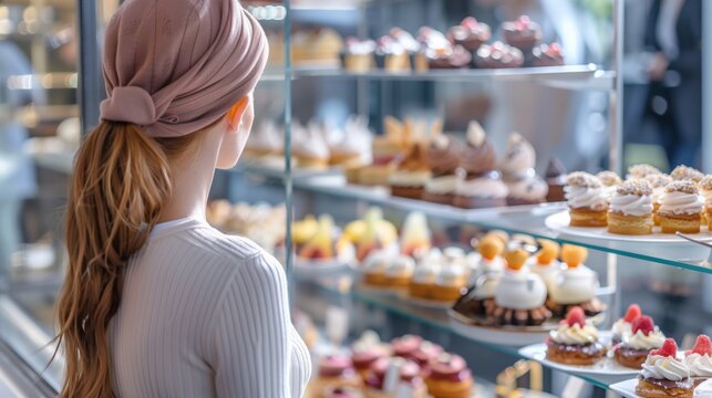 Customer admiring artisan cakes, macarons, &eacute;clairs and fruit tarts behind a glass showcase in an elegant pastry shop with soft natural daylight.