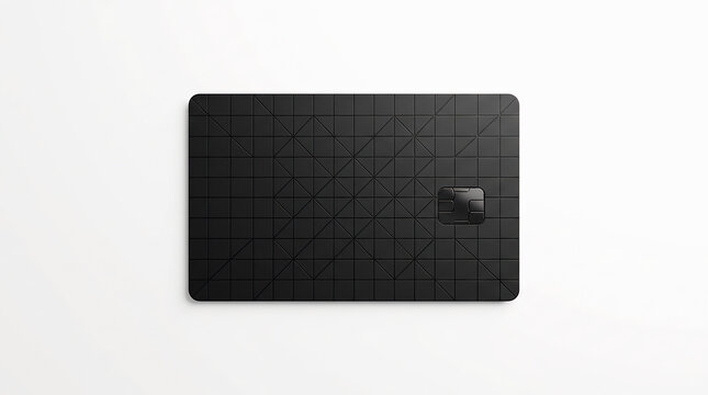 Black credit card with geometric pattern on a white surface modern financial technology