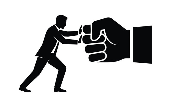 Silhouette of a businessman resisting a large hand depicting power imbalance and conflict
