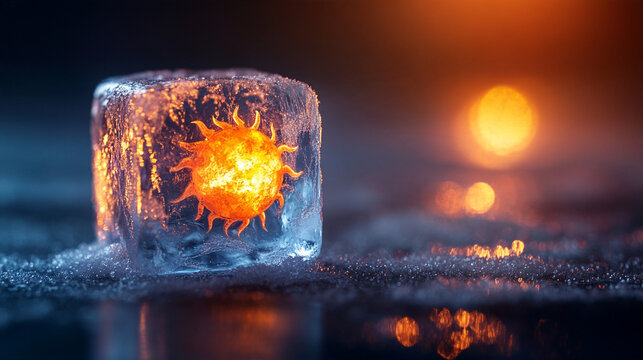 Extreme close-up of a perfectly transparent ice cube containing a miniature glowing golden sun, realistic frost and condensation on the surface, dramatic contrast between icy blue