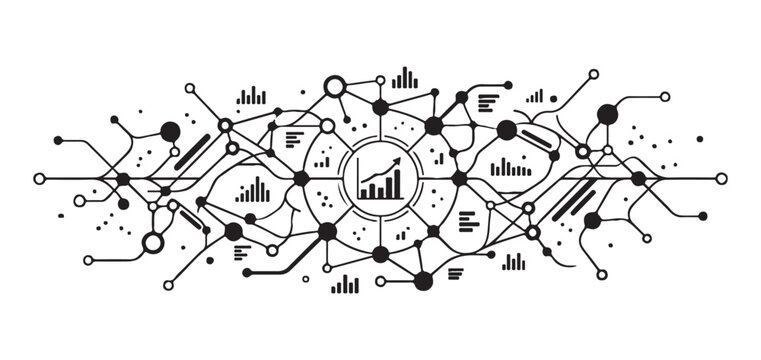 Data analytics network connection diagram illustration featuring nodes and abstract charts for business technology.