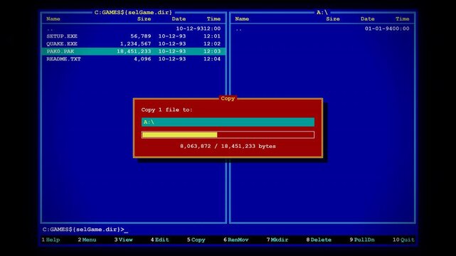 Procedural 4K motion graphics of a classic 1990s dual-pane DOS file manager (Norton Commander style), featuring text-mode blue UI, keyboard navigation, and a file copy progress dialog.