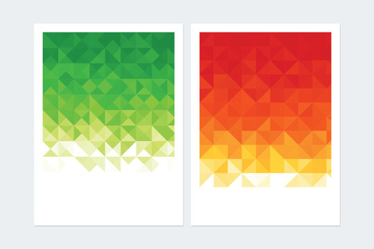 Geometric green and orange triangle mosaic gradient patterns for modern print layout backdrops.