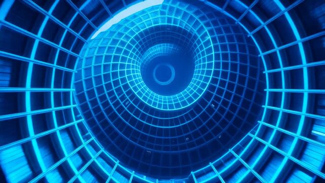 Abstract glowing blue digital tunnel concept with a futuristic grid vortex plunging into infinite digital space, evoking technology, data flow, and a journey through cyberspace, creating a sense