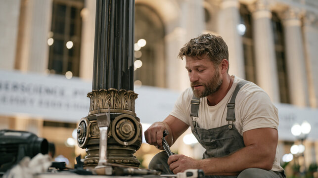 Wide evening urban shot of a lamplighter improvising a repair on a historic street fixture using only on hand tools sweat visible on his brow as a neuroscience PTSD memory