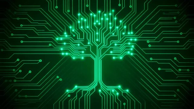 Illuminated green circuitry forming a stylized tree and its intricate root system glows with digital intelligence, symbolizing growth, technology, and interconnectedness within artificial