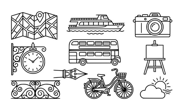 Technical Monoline Paris Tourism Urban Exploration Minimal Vector Icons
