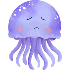 Watercolor Illustration of a Sad Purple Jellyfish © Monica
