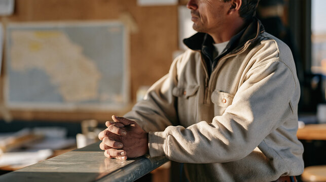 A young steel erection worker with chronic pain waits anxiously for structural load test results inside a warm site office, a faded regional map taped to the plywood wall,