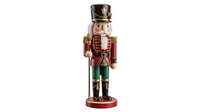 A traditional wooden nutcracker soldier figurine standing upright isolated on a white background for christmas holiday decoration and festive seasonal display
