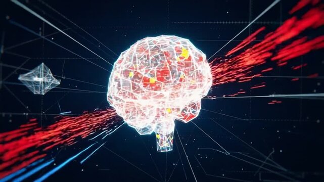 A dynamically constructing cognitive architecture represented by a glowing, geometric wireframe brain in an abstract, boundless digital space, showcasing neural networks.