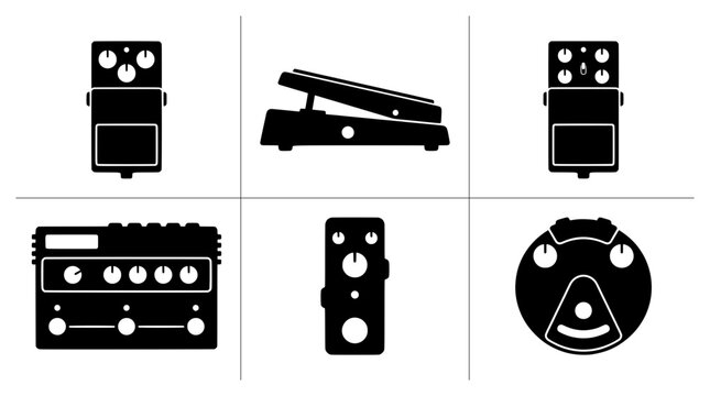 Guitar pedal silhouettes set with stompboxes and expression pedal for music gear