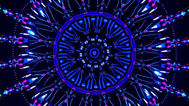 Hypnotic luminous fractal mandala pattern with intricate glowing geometric shapes radiating outwards in vibrant blue and pink electric hues on a deep dark cosmic backdrop, evoking a sense