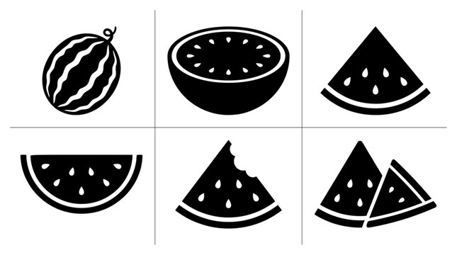 Watermelon silhouettes set with whole fruit, half and slices for summer food logos