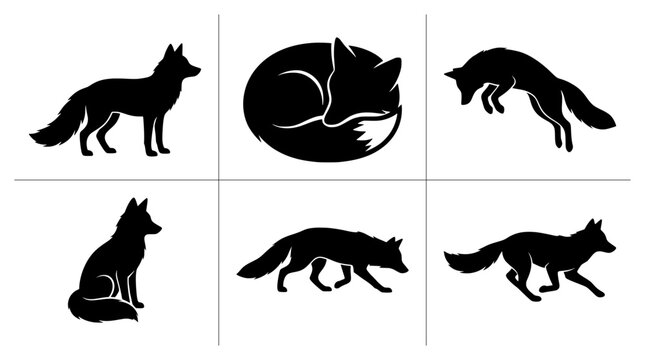 Fox silhouettes set with standing, sleeping, jumping, sitting, walking and running poses for logo or print
