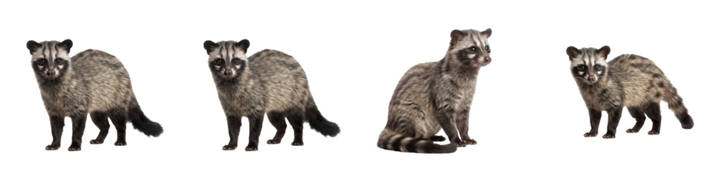 Four African Civets Standing and Sitting Sequence Isolated on a Clean White Background - High-Quality Wild Civet Cat Mammal Illustration Set for Graphic Design
