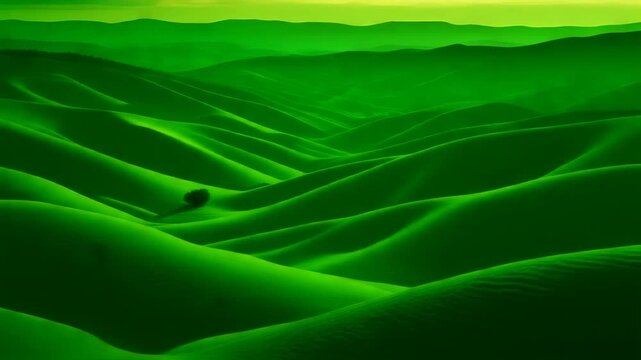A solitary tree stands serenely amidst undulating verdant dunes under a vibrant emerald sky, evoking feelings of peace, nature's majesty, and the profound beauty of untouched landscapes