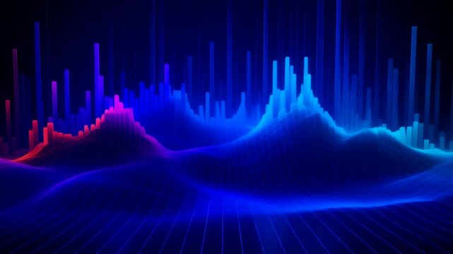Experience a dynamic, vibrant audio visualization with glowing peaks and valleys, showcasing intricate sound waves and waveform patterns rendered in a spectrum of electric blues and radiant