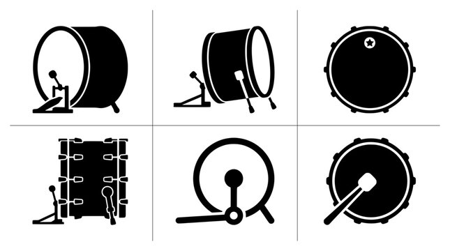Bass drum silhouettes set with kick drum, snare drum, tom-tom and drumsticks for music logos and signage