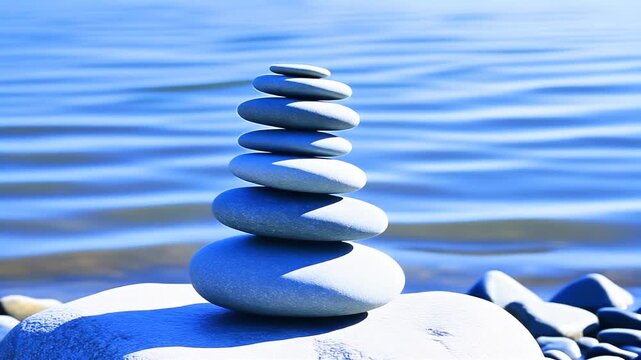 Serene stack of smooth, grey, rounded pebbles carefully balanced atop larger stones at the edge of calm, shimmering, turquoise ocean water under bright sunlight