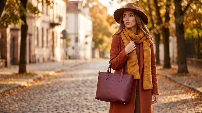 Stylish woman in autumn fashion wearing a felt hat and carrying a bag  