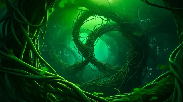 A surreal, verdant forest scene unfolds with interwoven vines and lush foliage, creating an atmospheric and mystical natural setting that evokes a sense of untamed wilderness and deep organic