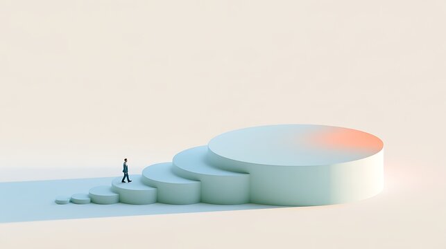 Businessman walking up a sequence of increasingly larger circular