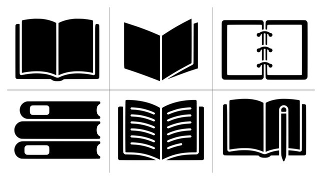 Open book and notebooks silhouettes set for education, reading and writing concepts