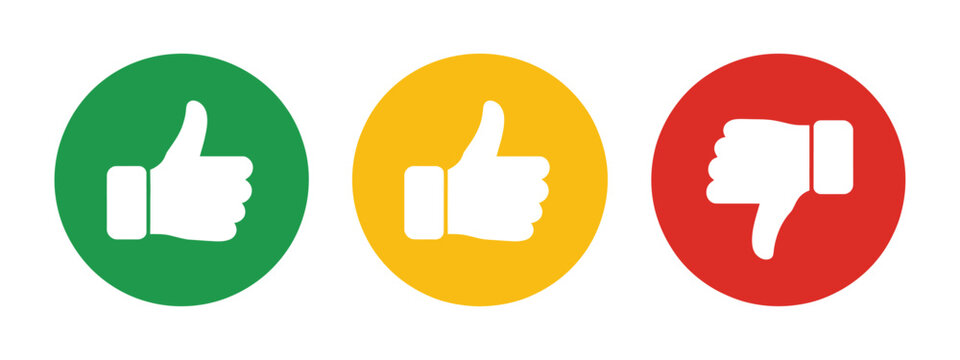Thumbs Up, Down, and Neutral Icon Set Featuring Like, Dislike, and Feedback Symbols with Green, Yellow, and Red Rating Signs for Surveys, Reviews, and Digital Interfaces.