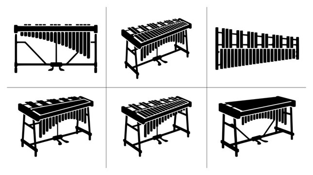 Vibraphone silhouettes set with musical instruments for logo and signage