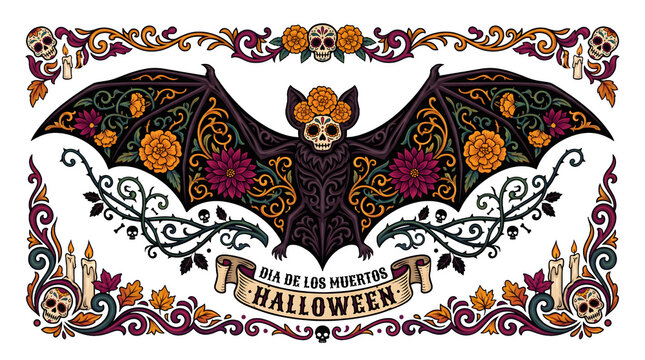 Symmetrical Halloween Bat With Marigold Flowers And Dahlia Botanical Filigree Wings Banner Vector