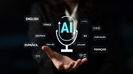 Digital representation of AI voice technology with diverse language icons showing the global reach of artificial intelligence in communication and translation applications Quark. © InfiniteFlow