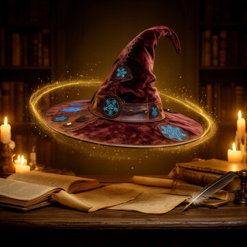 sombrero m&aacute;gico, sombrero de mago, magia, hechicer&iacute;a, brujer&iacute;a, fantas&iacute;a, ocultismo, s&iacute;mbolos m&aacute;gicos, runas m&aacute;gicas, pentagramas, encantamiento, hechizo, part&iacute;culas doradas, polvo m&aacute;gico, energ&iacute;a m&aacute;g