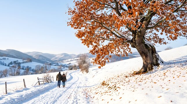 Winter walk along a snowy path with a beautiful tree and mountain landscape