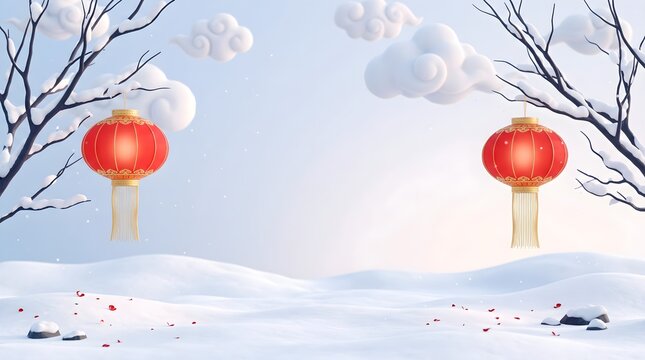 Winter scene with traditional red lanterns and snowy branches in a serene landscape