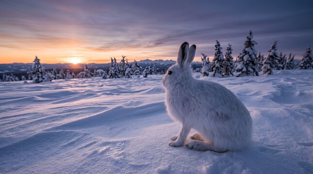 Hare in winter landscape at sunset with snow covered fields and distant trees
