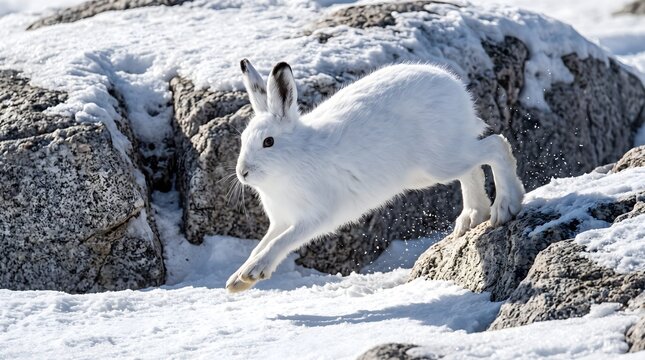 Mountain goat gracefully leaping across a rocky snow covered landscape in winter