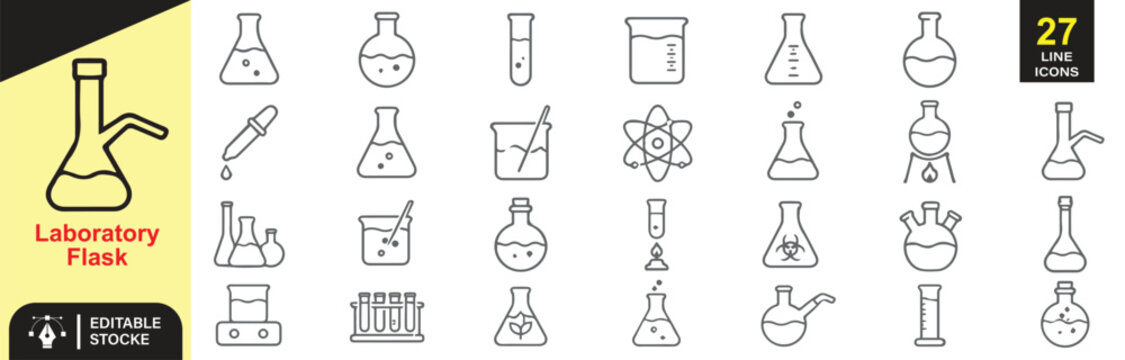 27 Laboratory Flask Vector Outline Icons Set &ndash; Erlenmeyer Flask, Beaker, Test Tubes, Chemistry Experiments and Scientific Glassware Line Symbols Collection
